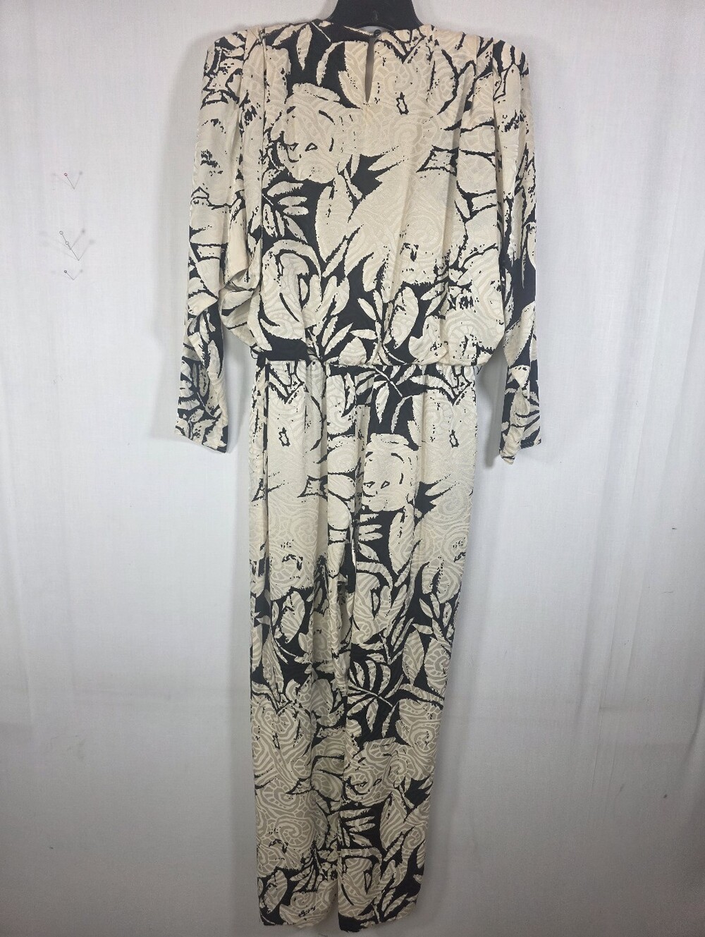 Vintage 80s Silks by St. Gillian 100% Silk Jumpsuit Black Ivory Floral 10 - Picture 7 of 13